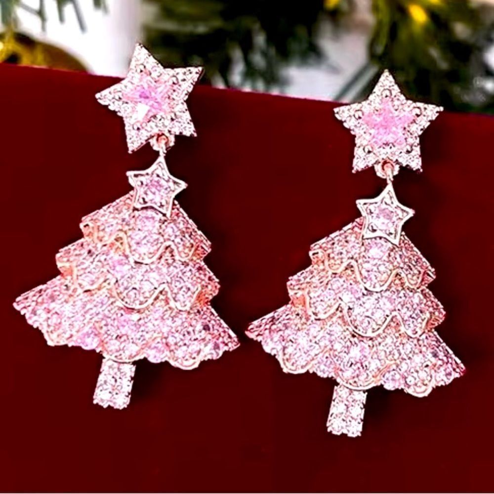 Pink Sparkling Zircon Christmas Tree Earrings Bling Jewelry For Holidays NEW